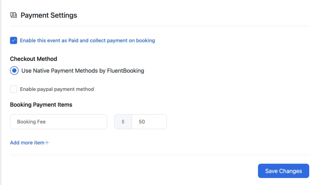 enable and select payment method and payment options in fluentbooking